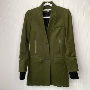 Veronica Beard Army Green Dickey Car Coat Size 2 & Black Cuffs Wool Blend